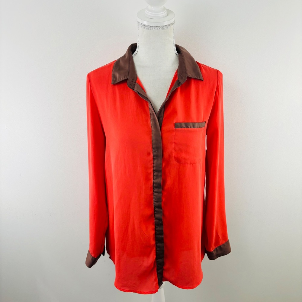 Free People Orange Red Brown Trim Button Down Blouse Shirt Small